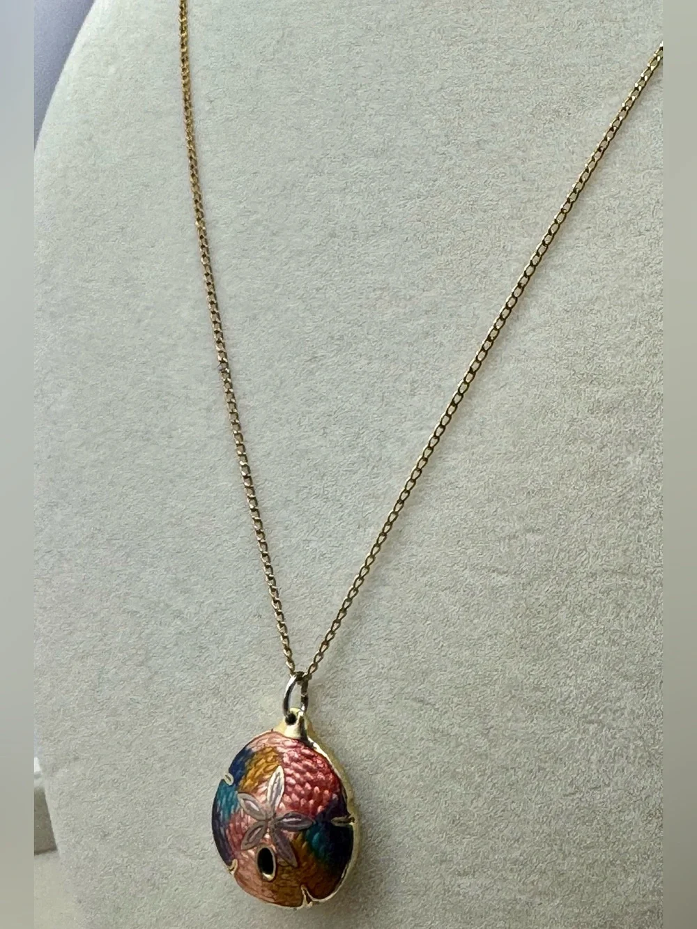 Vintage Cloisanne’ Multicolor Enamel Sand Dollar Pendant Necklace - Gold Tone